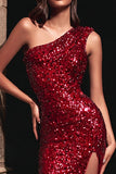 Sparkly One Shoulder Sheath Burgundy Evening Dress