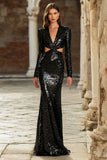 Black Long Sleeve Mermaid Cut Out Evening Dress