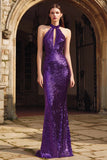 Sparkly Halter Cut Out Purple Evening Dress
