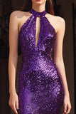 Sparkly Halter Cut Out Purple Evening Dress