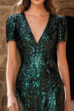 Dark Green Sheath V-Neck Sequin Evening Dress