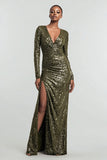 Olive Long Sleeve Sheath Sequin Evening Dress