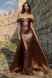 Off the Shoulder Mermaid Sequin Brown Evening Dress