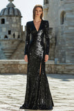 Sparkly Long Sleeve Black Evening Dress with Slit