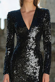 Sparkly Long Sleeve Black Evening Dress with Slit