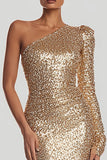 One Shoulder Sheath Sequin Gold Evening Dress