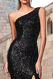 One Shoulder Sheath Black Evening Dress with Slit
