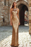 Sparkly Mermaid Halter Cut Out Gold Evening Dress