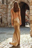 Sparkly Mermaid Halter Cut Out Gold Evening Dress