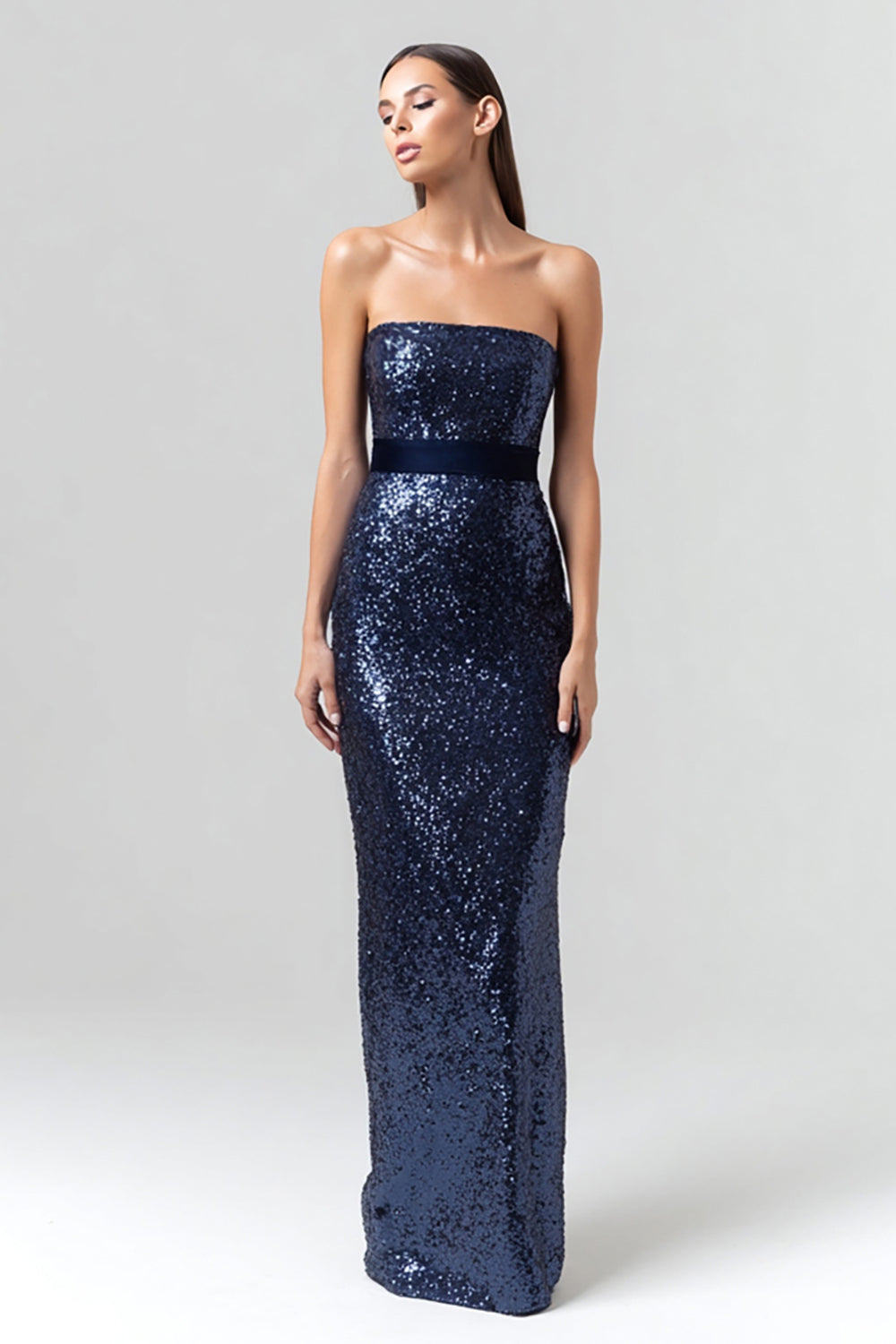 Strapless Sheath Sequin Navy Evening Dress