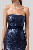 Strapless Sheath Sequin Navy Evening Dress