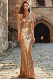 Sparkly Halter Cut Out Gold Evening Dress