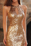 Sparkly Halter Cut Out Gold Evening Dress