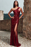 Sparkly Burgundy One Shoulder Sheath Evening Dress