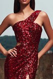 Sparkly Burgundy One Shoulder Sheath Evening Dress