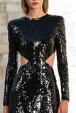 Sparkly Long Sleeve A Line Cut Out Black Evening Dress