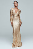 Sparkly Gold Long Sleeve Sheath Evening Dress
