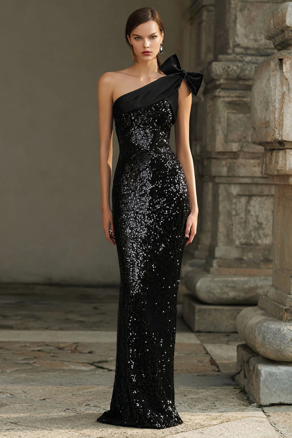 Black One Shoulder Sheath Bowed Evening Dress