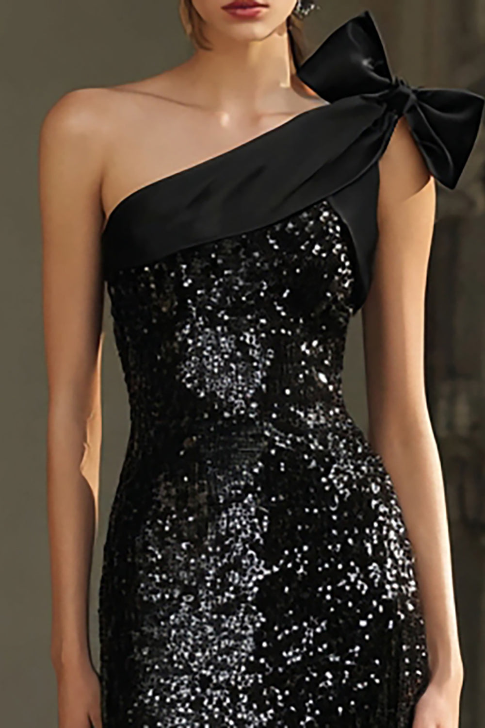 Black One Shoulder Sheath Bowed Evening Dress