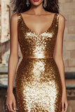 Gold Sequin Scoop Neck Sheath Evening Dress