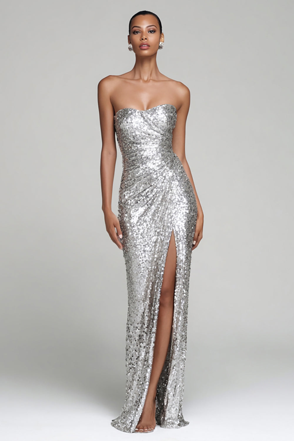 Strapless Sheath Ruched Silver Evening Dress with Slit