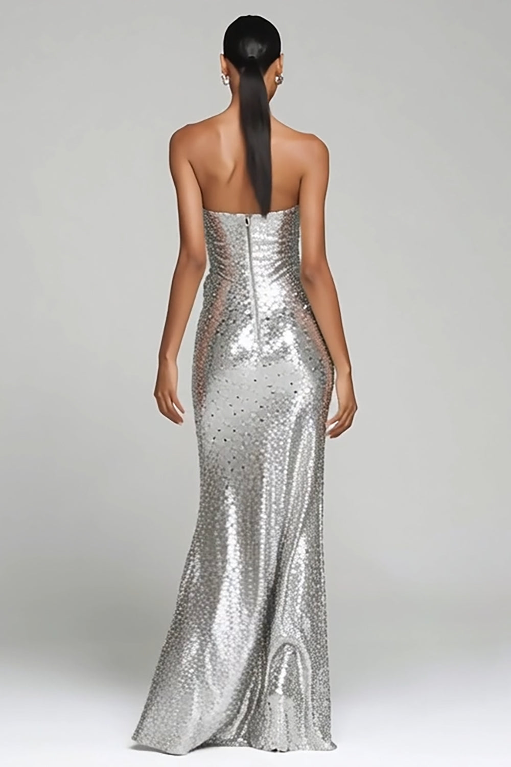 Strapless Sheath Ruched Silver Evening Dress with Slit