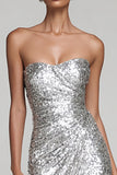 Strapless Sheath Ruched Silver Evening Dress with Slit