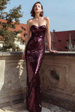 Strapless Burgundy Sequin Sheath Evening Dress
