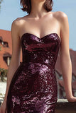 Strapless Burgundy Sequin Sheath Evening Dress