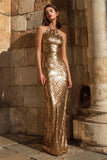 Sparkly Gold Sheath Halter Evening Dress