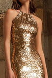 Sparkly Gold Sheath Halter Evening Dress