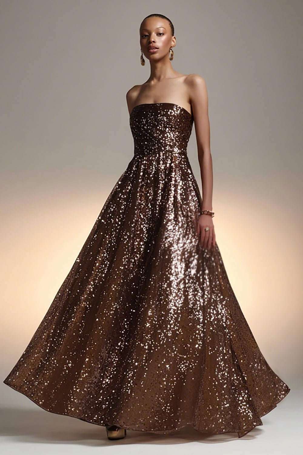 Strapless A Line Glitter Brown Evening Dress