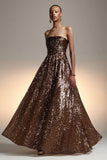 Strapless A Line Glitter Brown Evening Dress