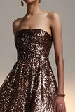 Strapless A Line Glitter Brown Evening Dress