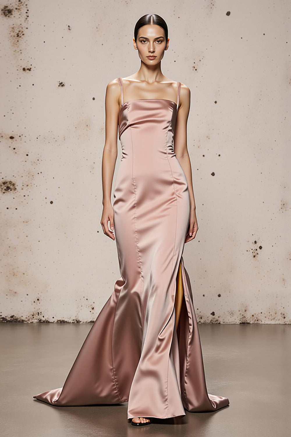 Light Pink Satin Mermaid Evening Dress with Slit