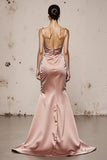 Light Pink Satin Mermaid Evening Dress with Slit