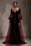 Burgundy Long Sleeve Velvet A Line Evening Dress