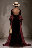 Burgundy Long Sleeve Velvet A Line Evening Dress