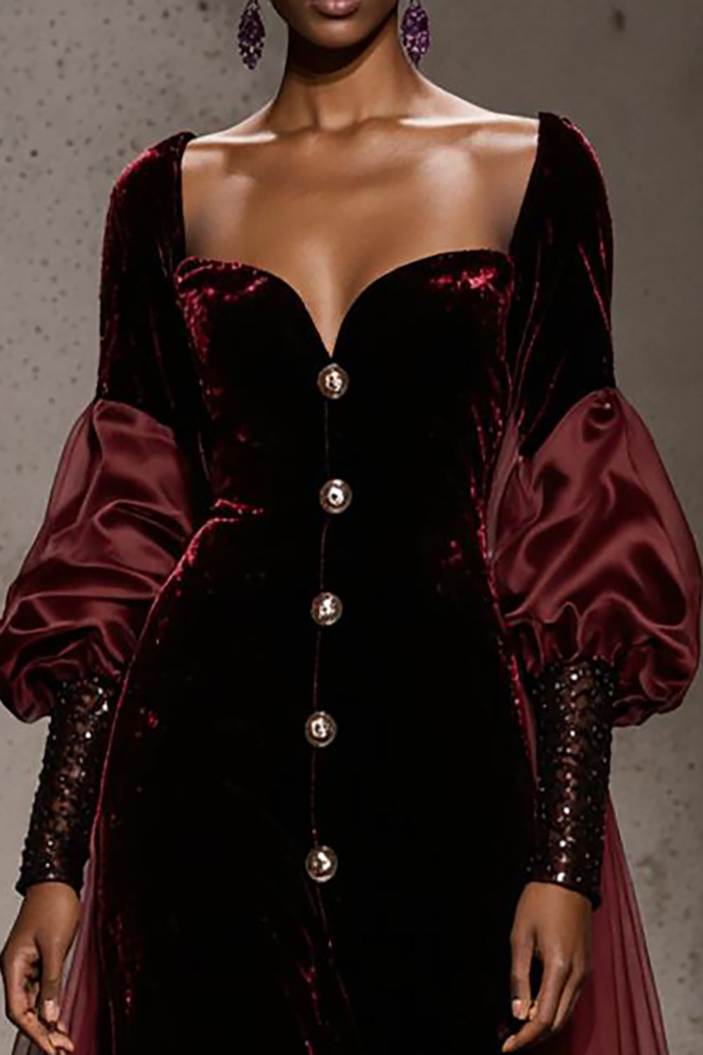 Burgundy Long Sleeve Velvet A Line Evening Dress