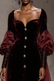 Burgundy Long Sleeve Velvet A Line Evening Dress