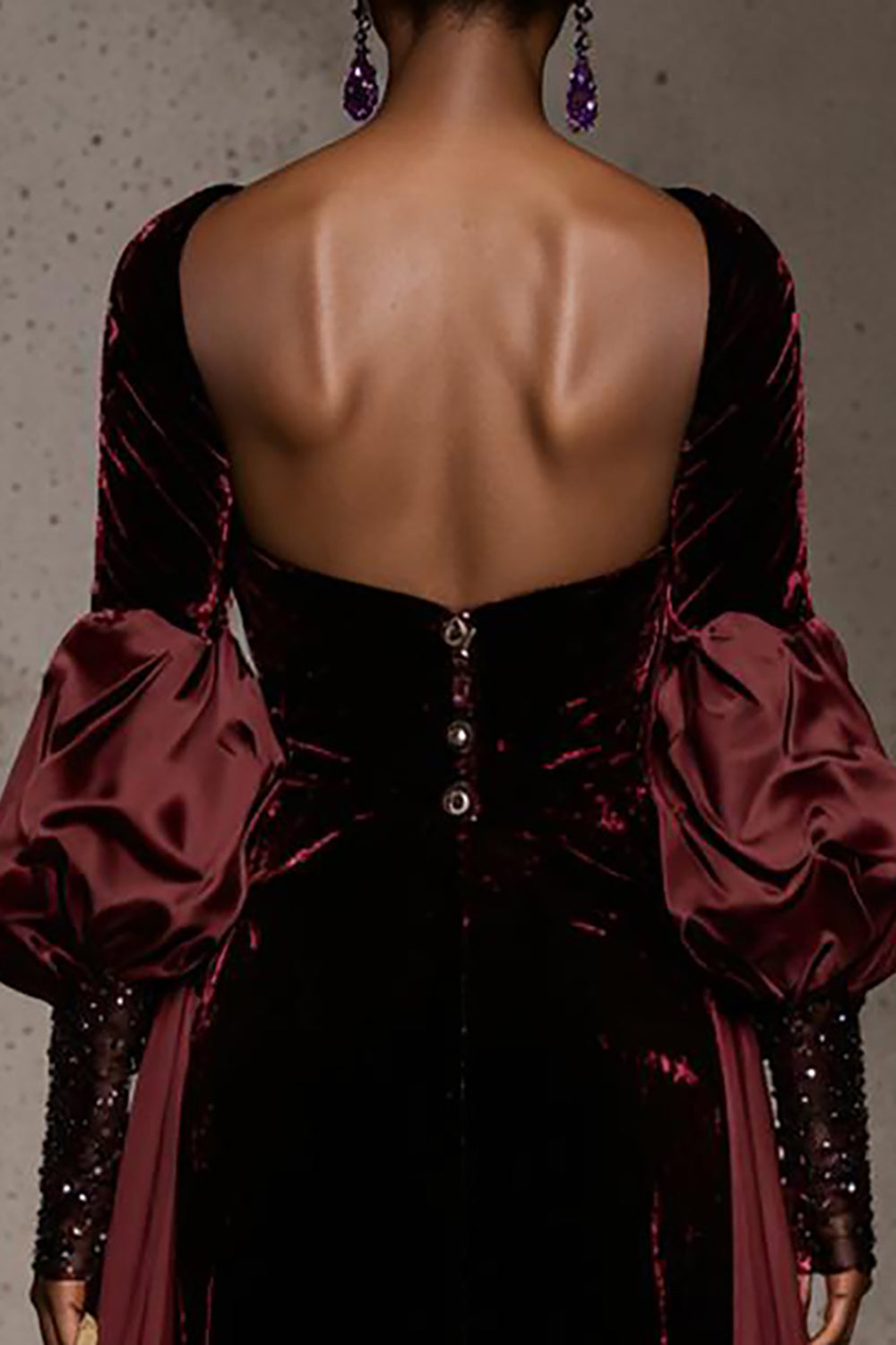 Burgundy Long Sleeve Velvet A Line Evening Dress