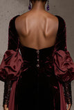 Burgundy Long Sleeve Velvet A Line Evening Dress