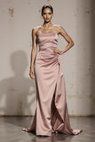 Strapless Light Pink Mermaid Evening Dress with Slit
