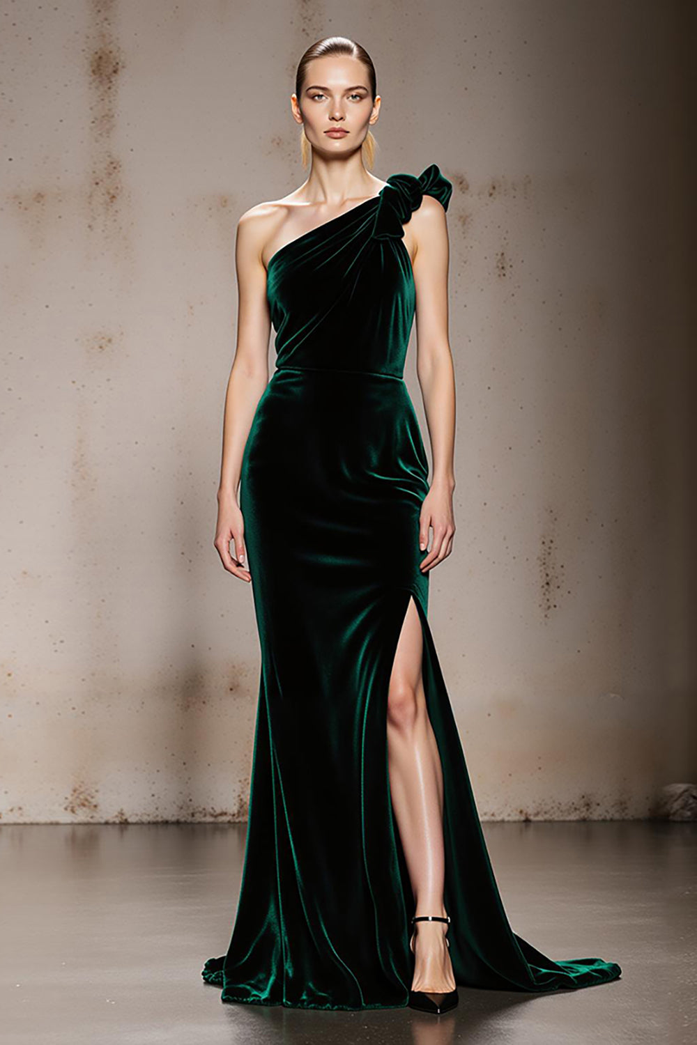 Dark Green One Shoulder Velvet Mermaid Evening Dress