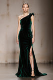Dark Green One Shoulder Velvet Mermaid Evening Dress