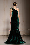 Dark Green One Shoulder Velvet Mermaid Evening Dress