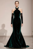 Halter Velvet Dark Green Mermaid Long Evening Dress