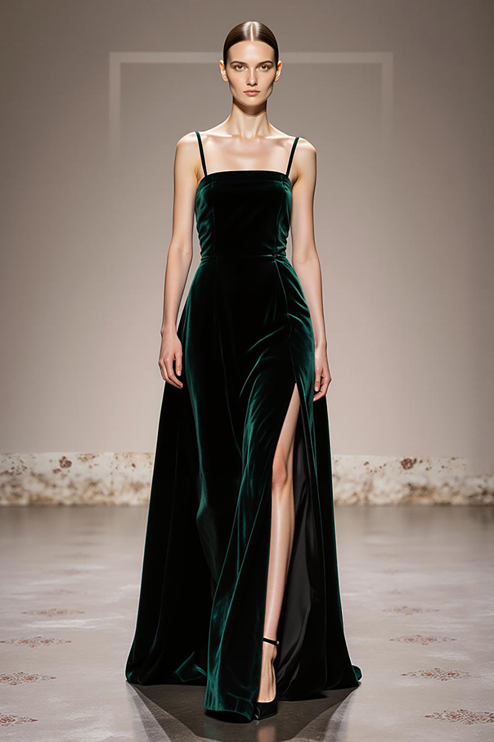 Velvet Dark Green A Line Long Evening Dress with Slit