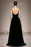 Velvet Dark Green A Line Long Evening Dress with Slit