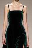 Velvet Dark Green A Line Long Evening Dress with Slit